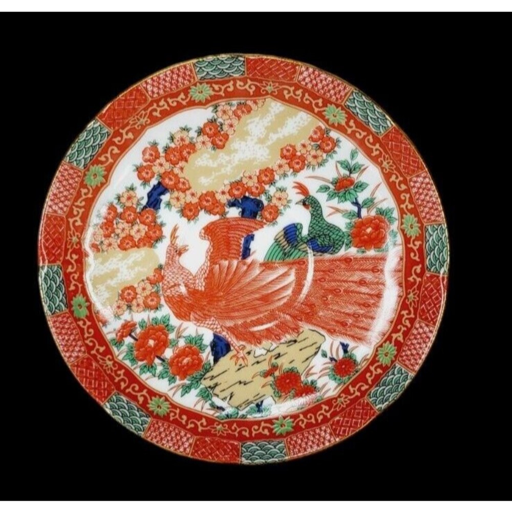Vintage ARITA IMARI Fine China Porcelain Peacock 4 Saucer Plates 16Kt Gold Trim